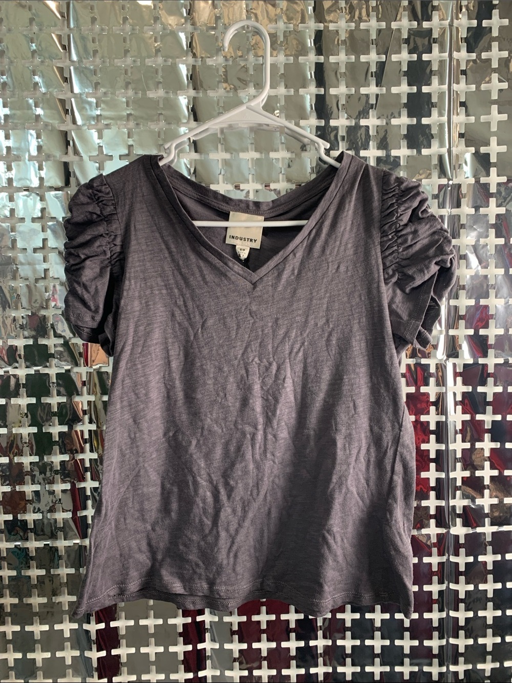 Industry Short Sleeve V-Neck Ruffle Sleeve Top in Charcoal
